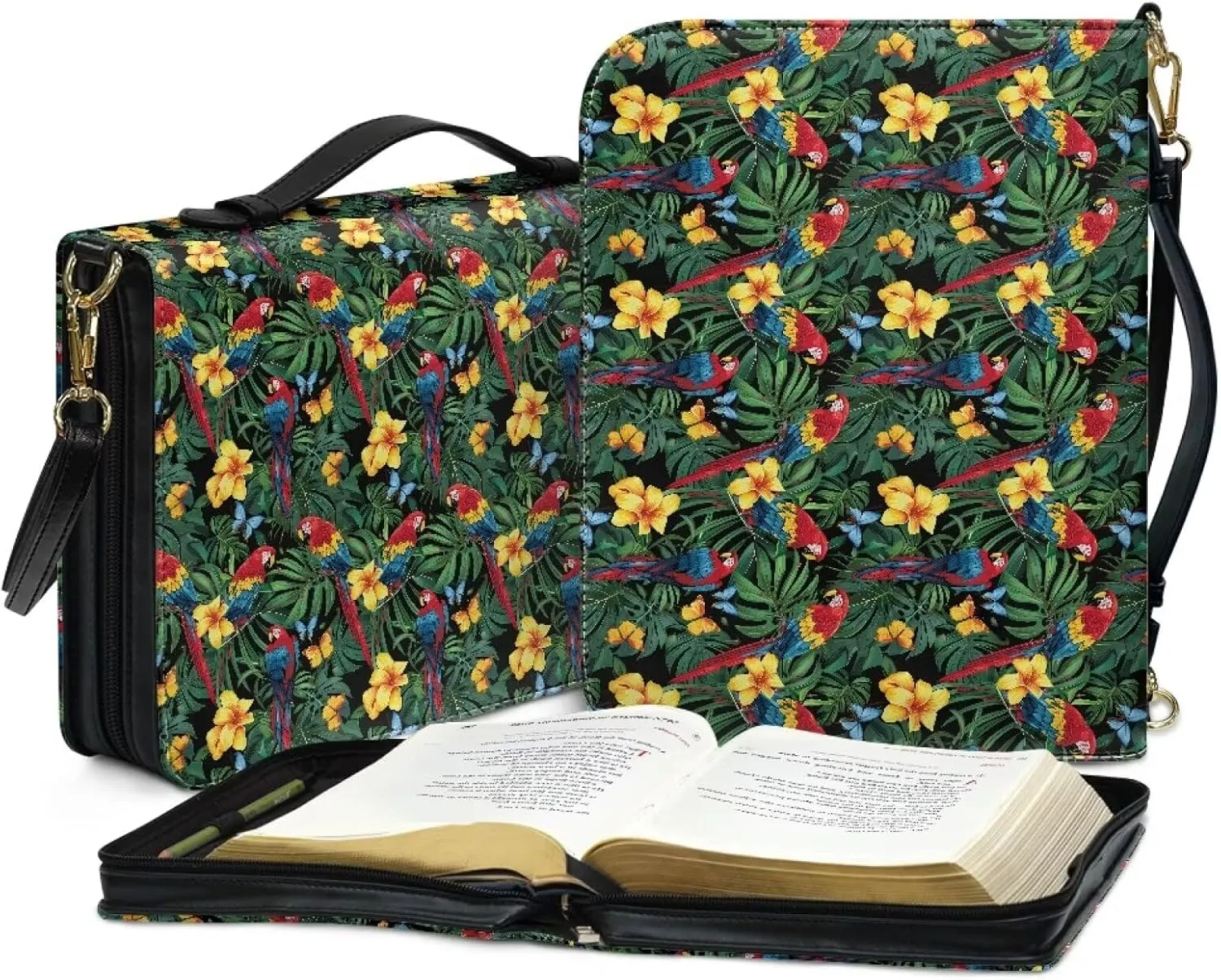 Bird Bible Book Cover for Women Leather, Floral Bible Carrying Case with Shoulder Strap, Monstera Bible Tote Bag for Study, Bible Accessories with Pen Storage, Green, L