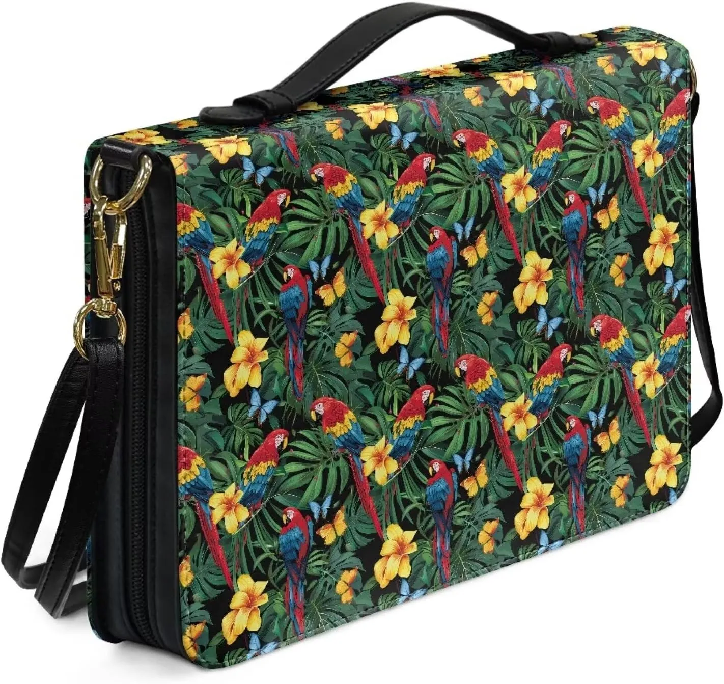 Bird Bible Book Cover for Women Leather, Floral Bible Carrying Case with Shoulder Strap, Monstera Bible Tote Bag for Study, Bible Accessories with Pen Storage, Green, L