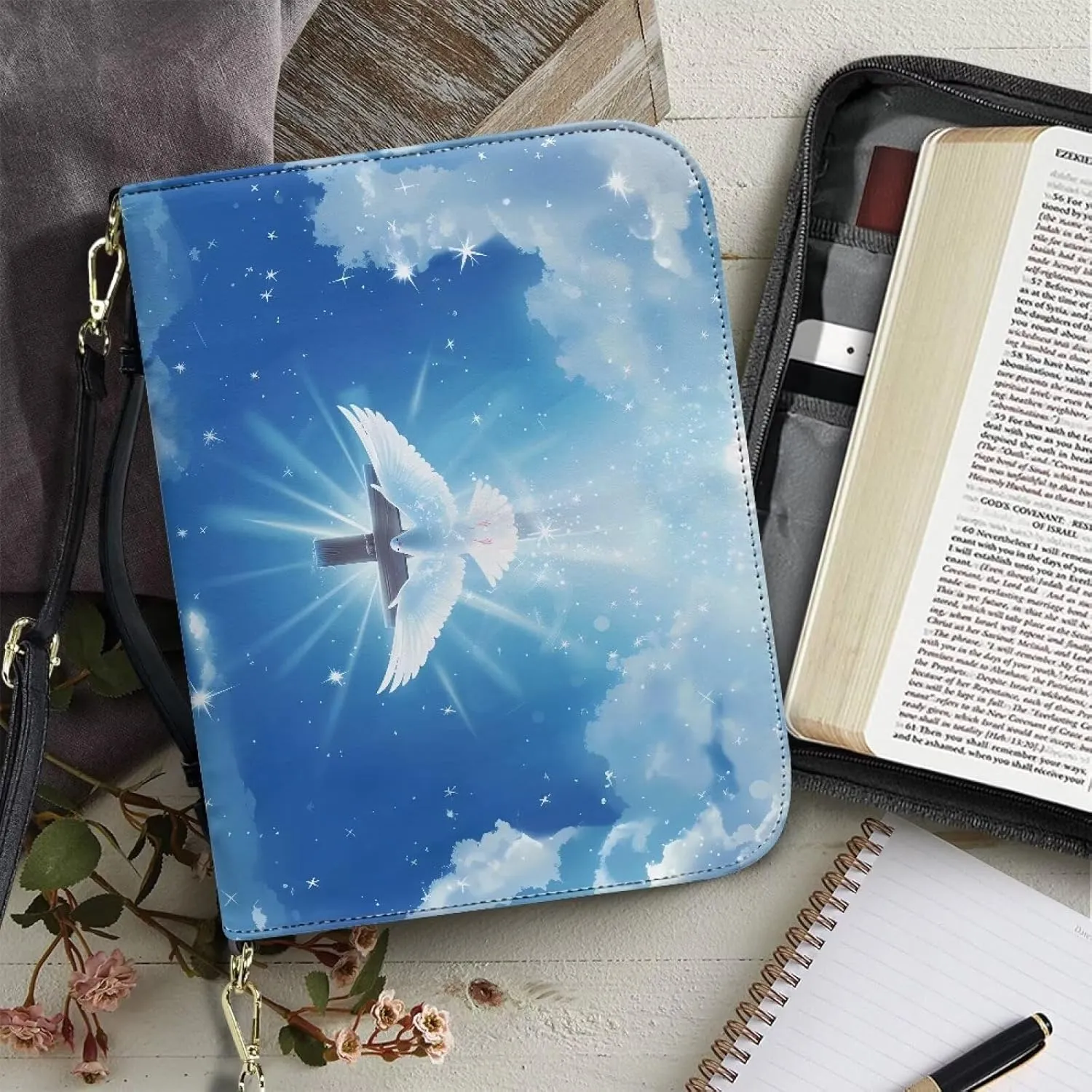 Bird Bible Case for Women Girls, Cross Bible Tote Bag with Shoulder Strap, Bible Carrying Case with Pen Storage, PU Leather Bible Accessories for Study Bible, Blue, L