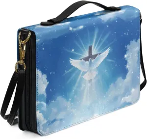Bird Bible Case for Women Girls, Cross Bible Tote Bag with Shoulder Strap, Bible Carrying Case with Pen Storage, PU Leather Bible Accessories for Study Bible, Blue, L