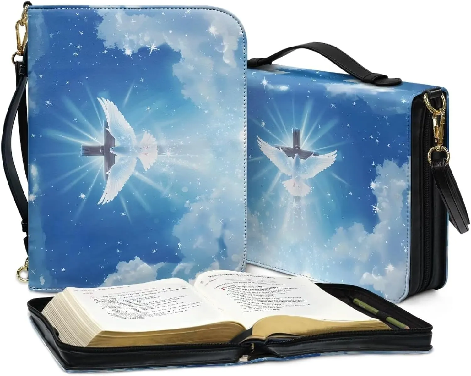 Bird Bible Case for Women Girls, Cross Bible Tote Bag with Shoulder Strap, Bible Carrying Case with Pen Storage, PU Leather Bible Accessories for Study Bible, Blue, L