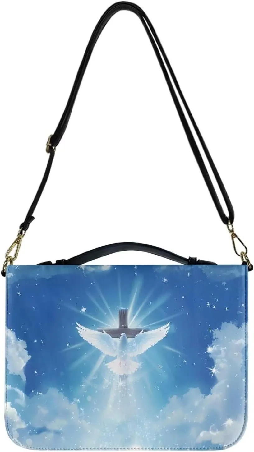 Bird Bible Case for Women Girls, Cross Bible Tote Bag with Shoulder Strap, Bible Carrying Case with Pen Storage, PU Leather Bible Accessories for Study Bible, Blue, L