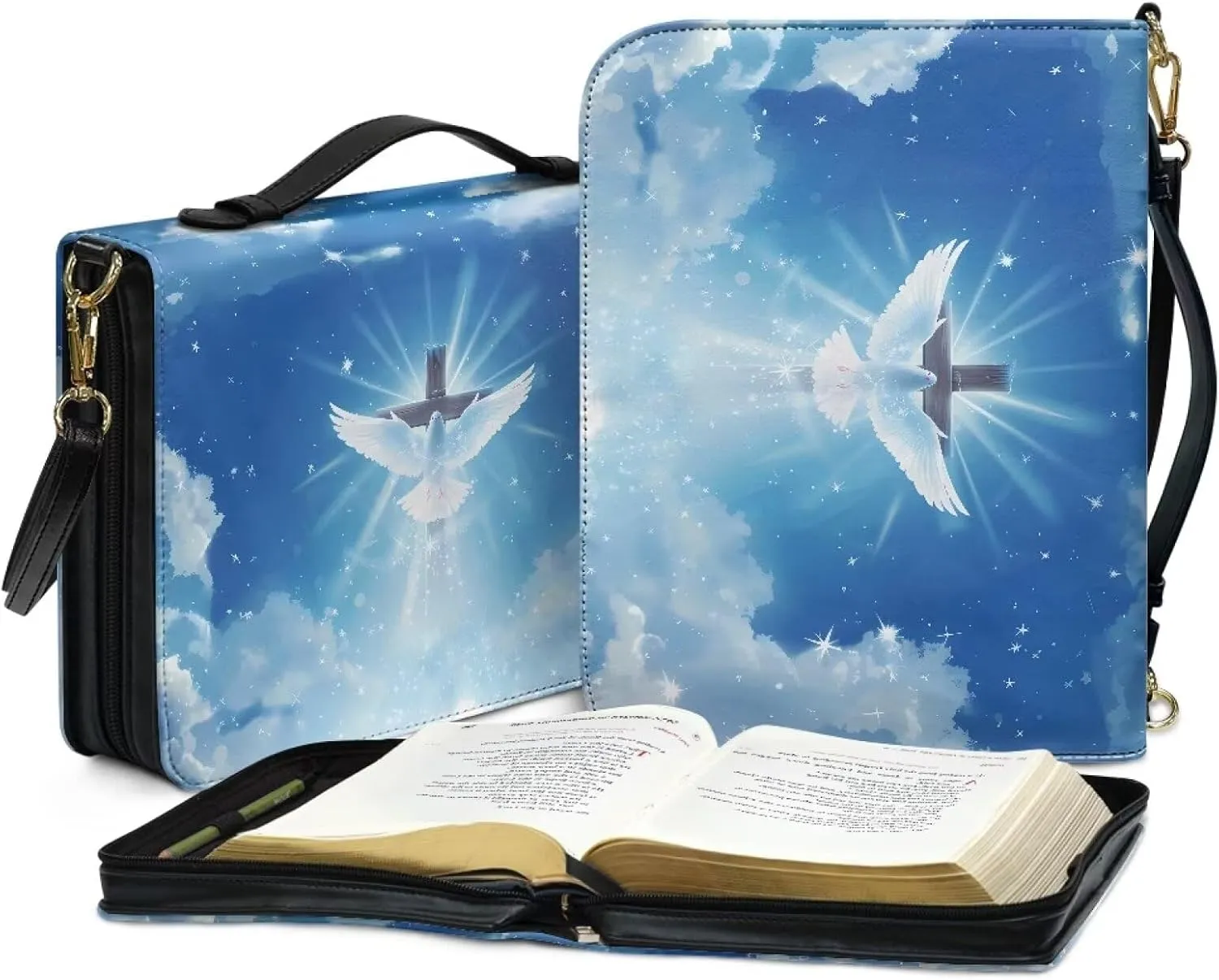 Bird Bible Case for Women Girls, Cross Bible Tote Bag with Shoulder Strap, Bible Carrying Case with Pen Storage, PU Leather Bible Accessories for Study Bible, Blue, L