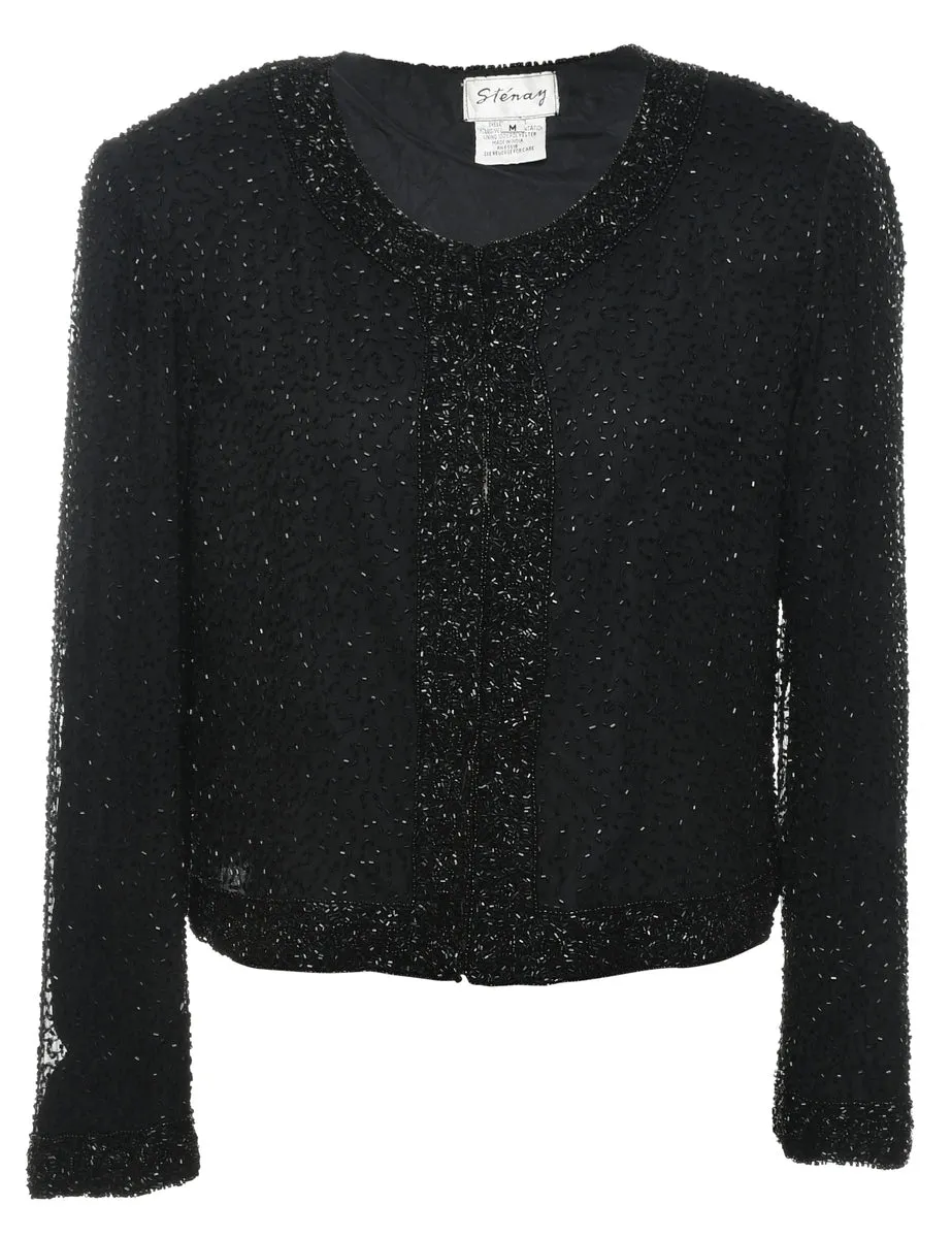Black Beaded Silk Evening Jacket - M