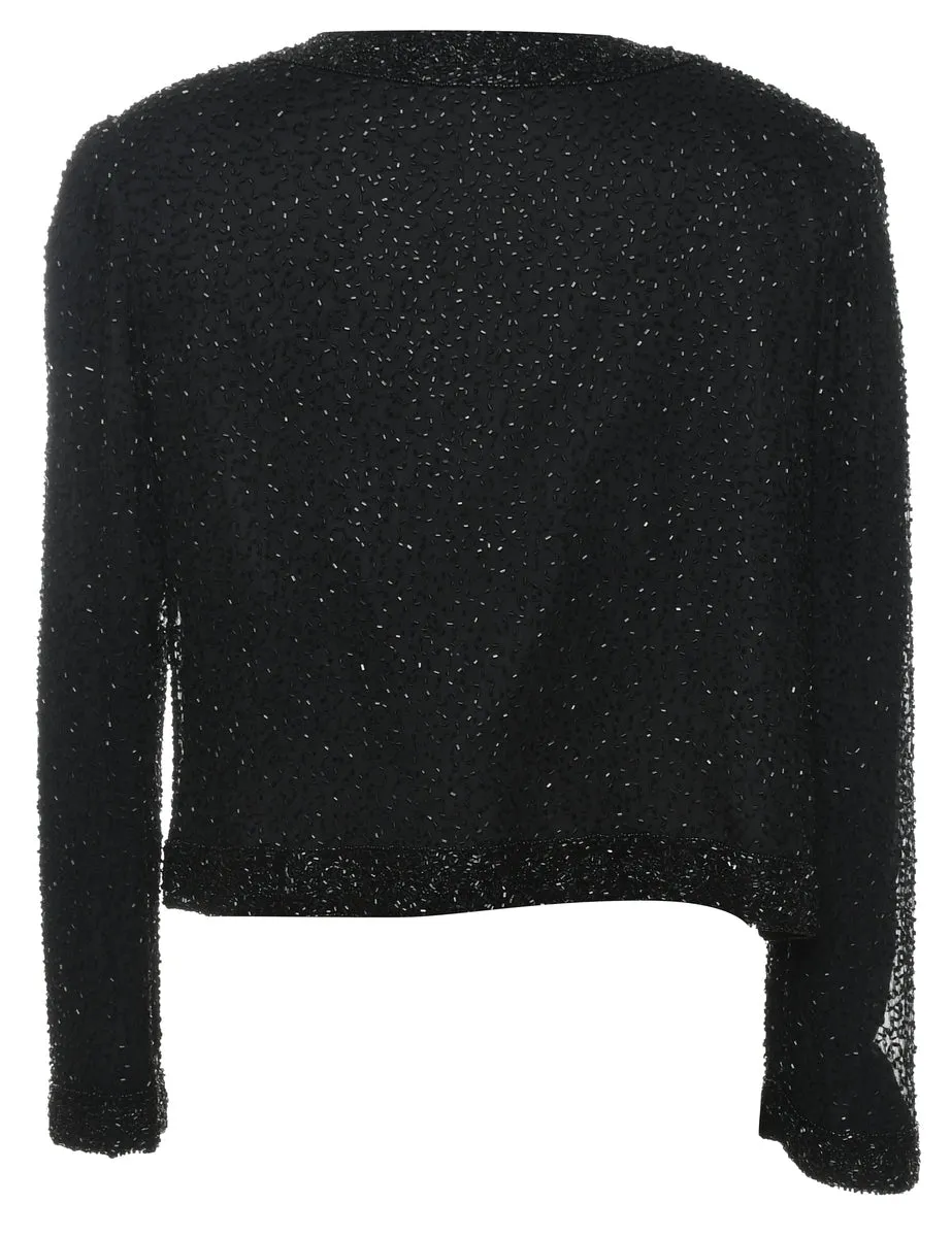 Black Beaded Silk Evening Jacket - M
