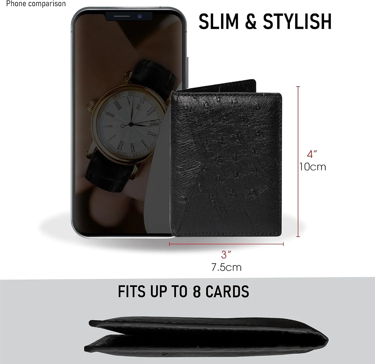 Black Ostrich Credit Card Holder Minimalist Bifold Wallet Double Side Exotic Leather Slim Executive Business Luxury RFID Blocking Travel ID Case Front Pocket Gift For Men
