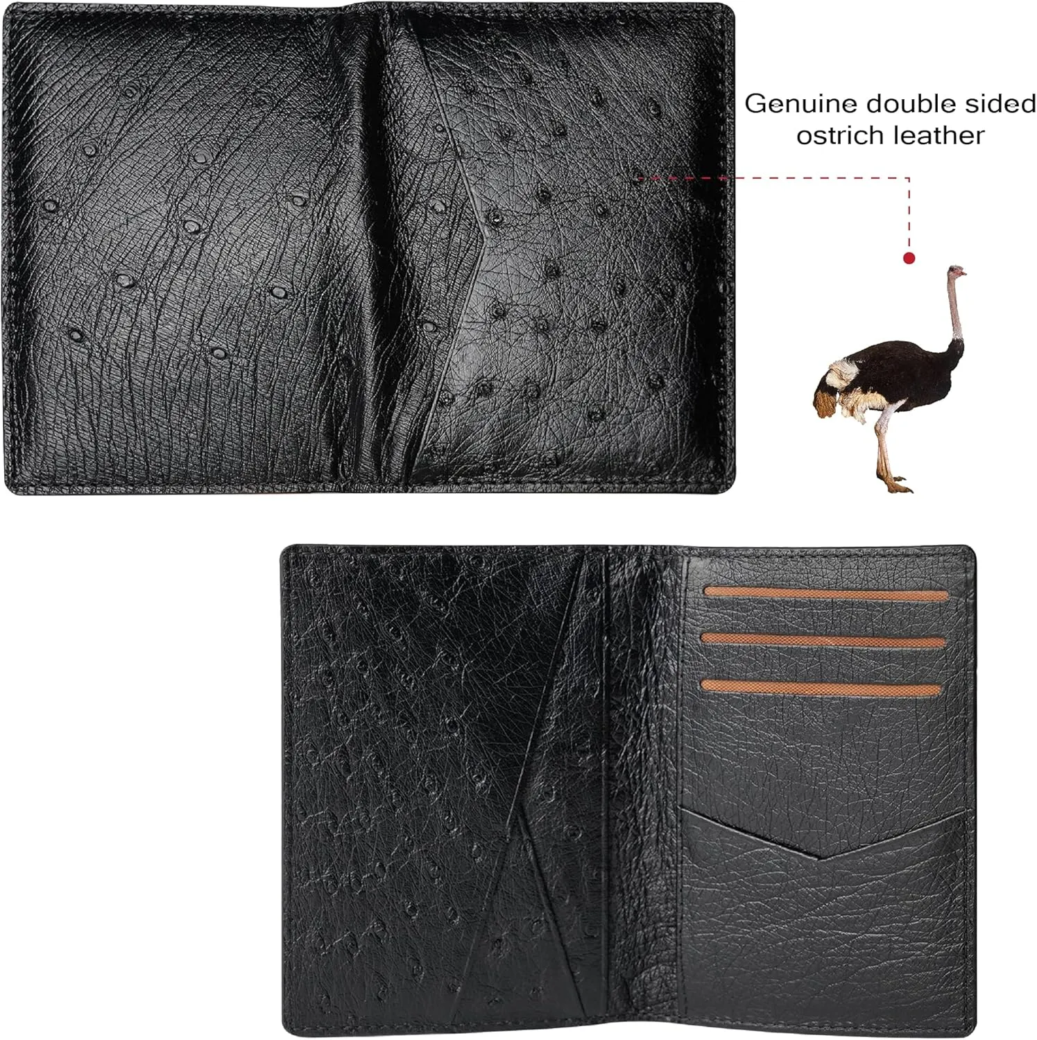 Black Ostrich Credit Card Holder Minimalist Bifold Wallet Double Side Exotic Leather Slim Executive Business Luxury RFID Blocking Travel ID Case Front Pocket Gift For Men
