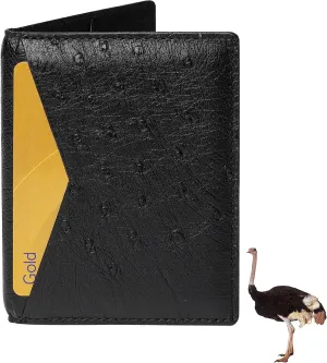 Black Ostrich Credit Card Holder Minimalist Bifold Wallet Double Side Exotic Leather Slim Executive Business Luxury RFID Blocking Travel ID Case Front Pocket Gift For Men
