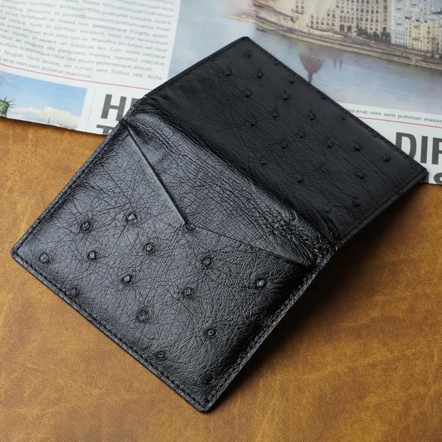 Black Ostrich Credit Card Holder Minimalist Bifold Wallet Double Side Exotic Leather Slim Executive Business Luxury RFID Blocking Travel ID Case Front Pocket Gift For Men