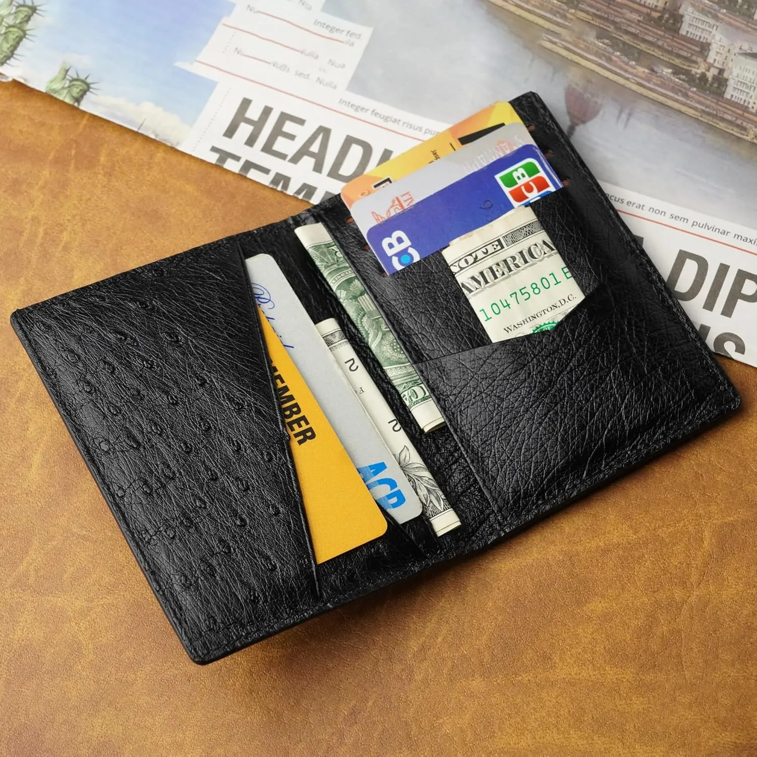 Black Ostrich Credit Card Holder Minimalist Bifold Wallet Double Side Exotic Leather Slim Executive Business Luxury RFID Blocking Travel ID Case Front Pocket Gift For Men