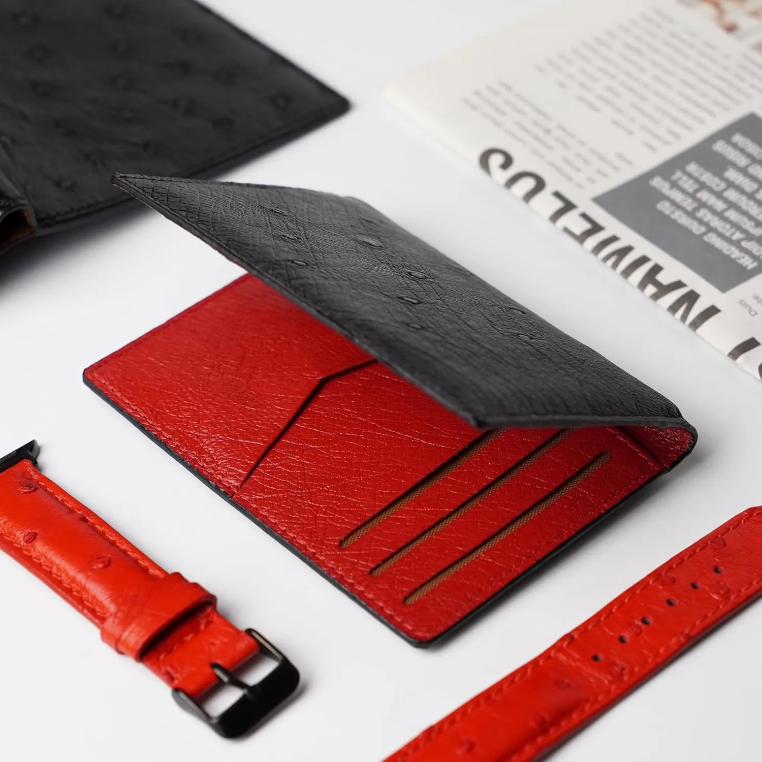 Black Red Ostrich Credit Card Holder Minimalist Bifold Wallet Double Side Exotic Leather Slim Executive Business Luxury RFID Blocking Travel ID Case Front Pocket Gift For Men