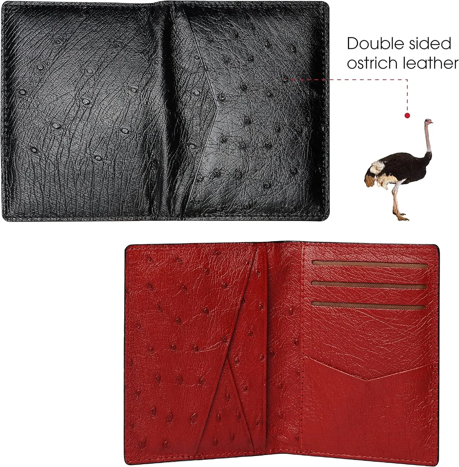 Black Red Ostrich Credit Card Holder Minimalist Bifold Wallet Double Side Exotic Leather Slim Executive Business Luxury RFID Blocking Travel ID Case Front Pocket Gift For Men