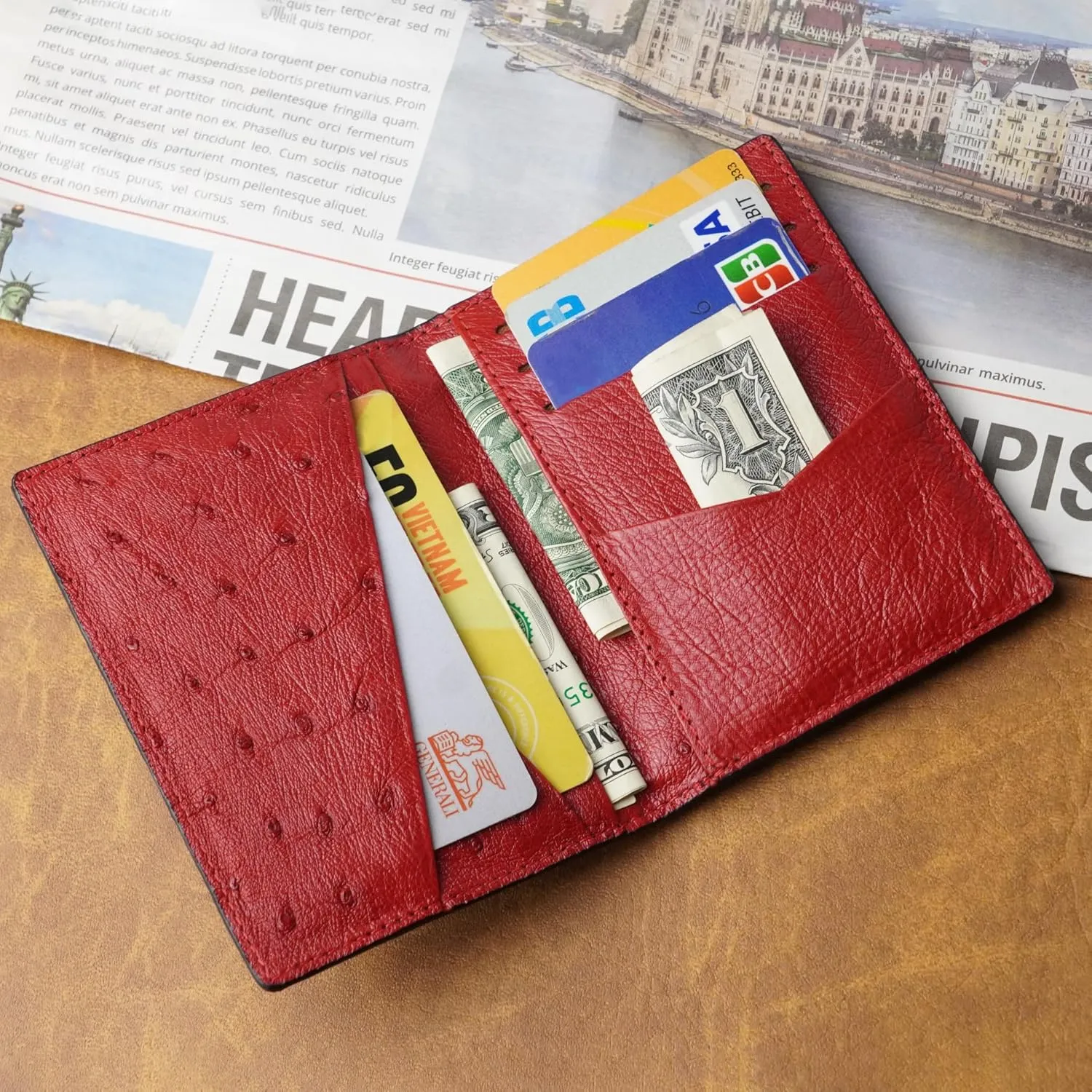Black Red Ostrich Credit Card Holder Minimalist Bifold Wallet Double Side Exotic Leather Slim Executive Business Luxury RFID Blocking Travel ID Case Front Pocket Gift For Men