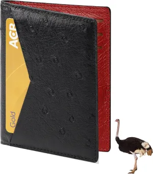 Black Red Ostrich Credit Card Holder Minimalist Bifold Wallet Double Side Exotic Leather Slim Executive Business Luxury RFID Blocking Travel ID Case Front Pocket Gift For Men