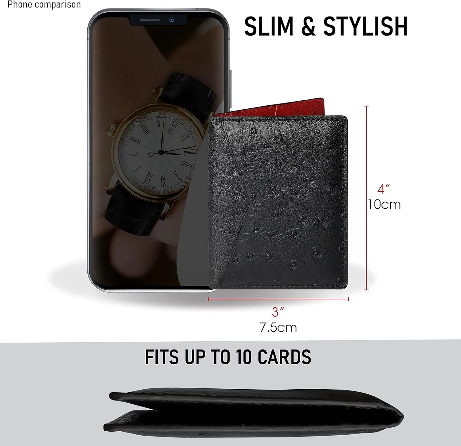 Black Red Ostrich Credit Card Holder Minimalist Bifold Wallet Double Side Exotic Leather Slim Executive Business Luxury RFID Blocking Travel ID Case Front Pocket Gift For Men