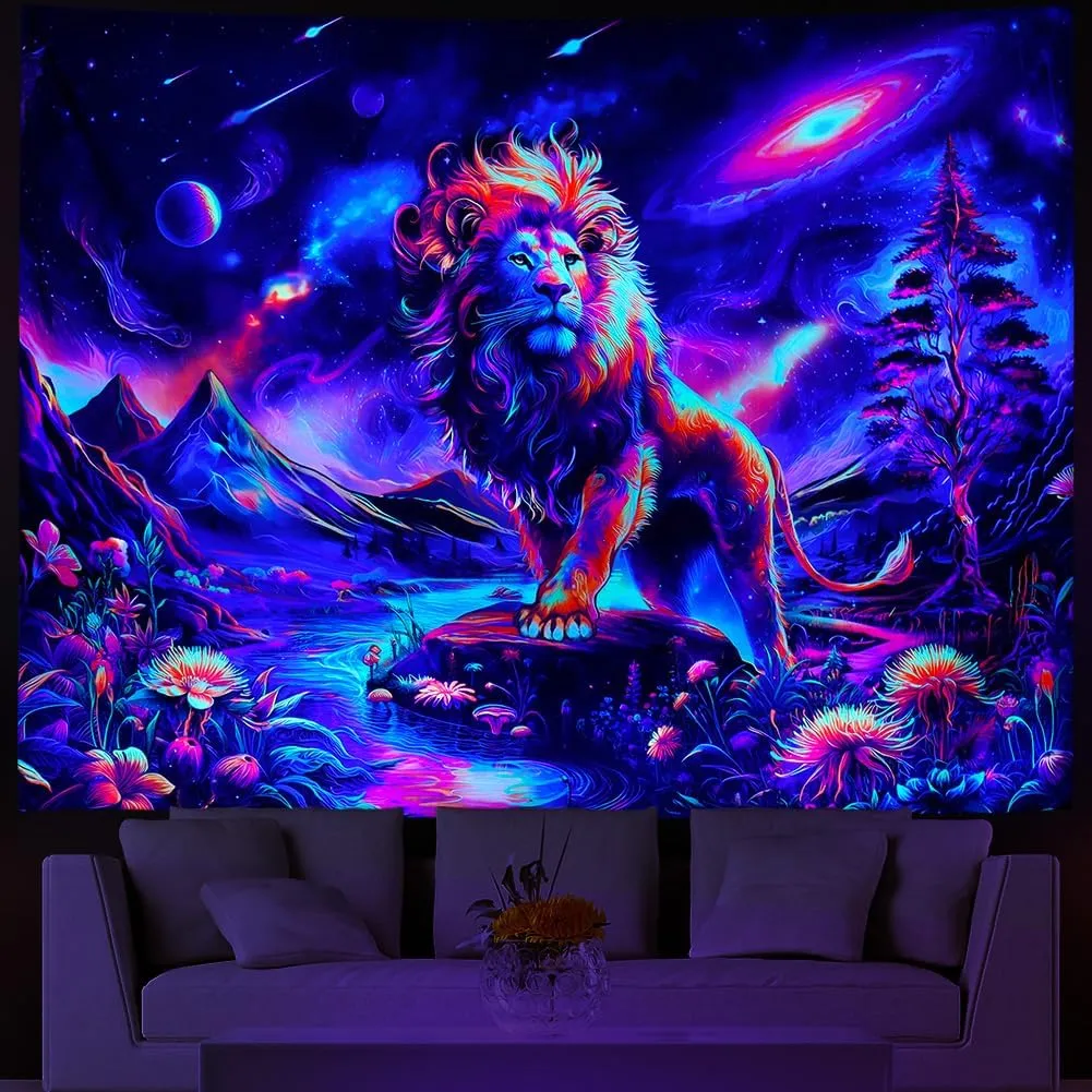 Blacklight Lion Trippy Galaxy Space UV Reactive Mountain Hippie Neon Flowers Plants Wall Magic River Landscape Hanging for Living Room