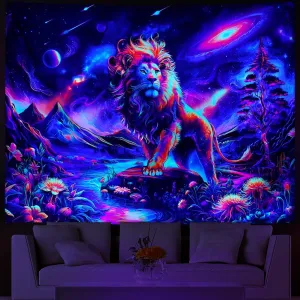 Blacklight Lion Trippy Galaxy Space UV Reactive Mountain Hippie Neon Flowers Plants Wall Magic River Landscape Hanging for Living Room