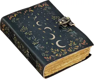 Blank Spell Book of Shadows Journal Moon Phase Printed Witchcraft Supplies Wiccan Notebook Handmade Vintage Deckle Paper Grimoire Journal Leather Sketchbook, Drawing Journal (Crescent Moon)