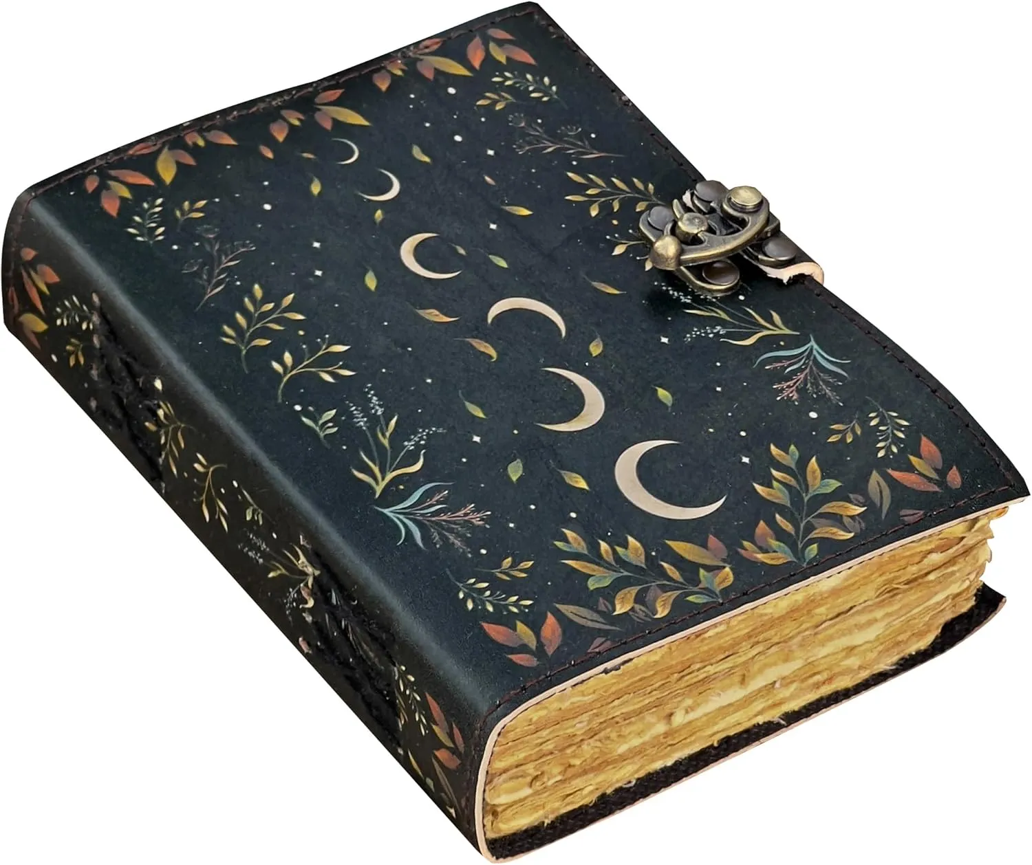 Blank Spell Book of Shadows Journal Moon Phase Printed Witchcraft Supplies Wiccan Notebook Handmade Vintage Deckle Paper Grimoire Journal Leather Sketchbook, Drawing Journal (Crescent Moon)