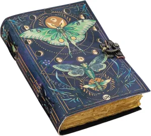 Blank Spell Book of Shadows Journal with Lock Clasp Vintage Handmade Leather Luna Moths and Morpho Butterfly Print Diary Prayer Pagan Witchcraft Supplies Wiccan Decor Notebook Daily (10x7)