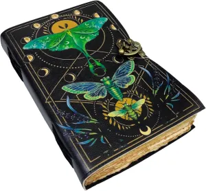 Blank Spell Book Of Shadows Vintage Handmade Leather Journal With Lock Witchcraft Supplies Luna Moth and Morpho Butterfly Print Diary Prayer Pagan Wiccan Decor notebook Luna-2 (8 X 6)