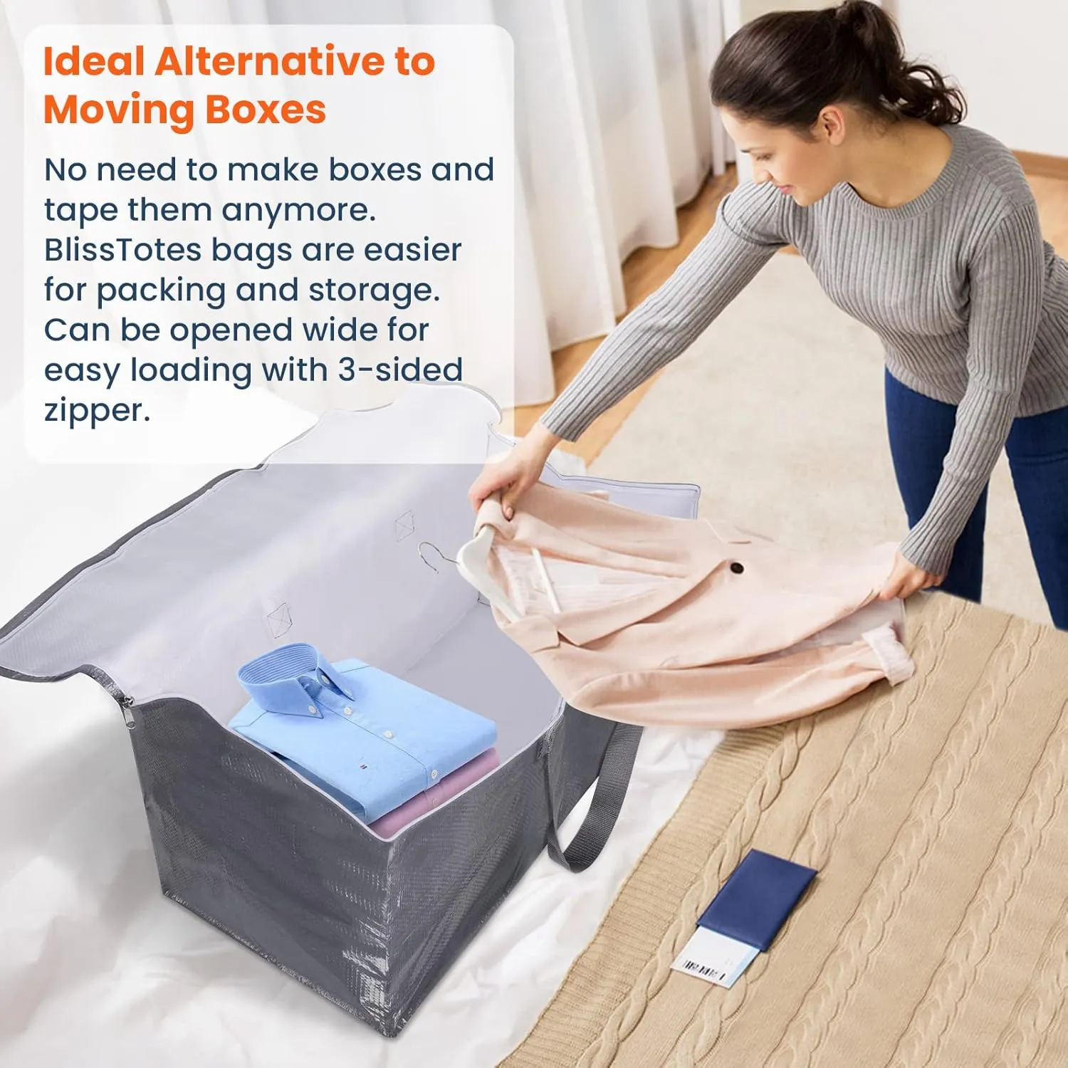 BlissTotes Large Moving Boxes and with Zippers & Handles Moving Supplies with lids, Heavy Duty Totes for Storage Bags for Space Saving, Fold Flat, Moving and Storing 93L, 4 Pack