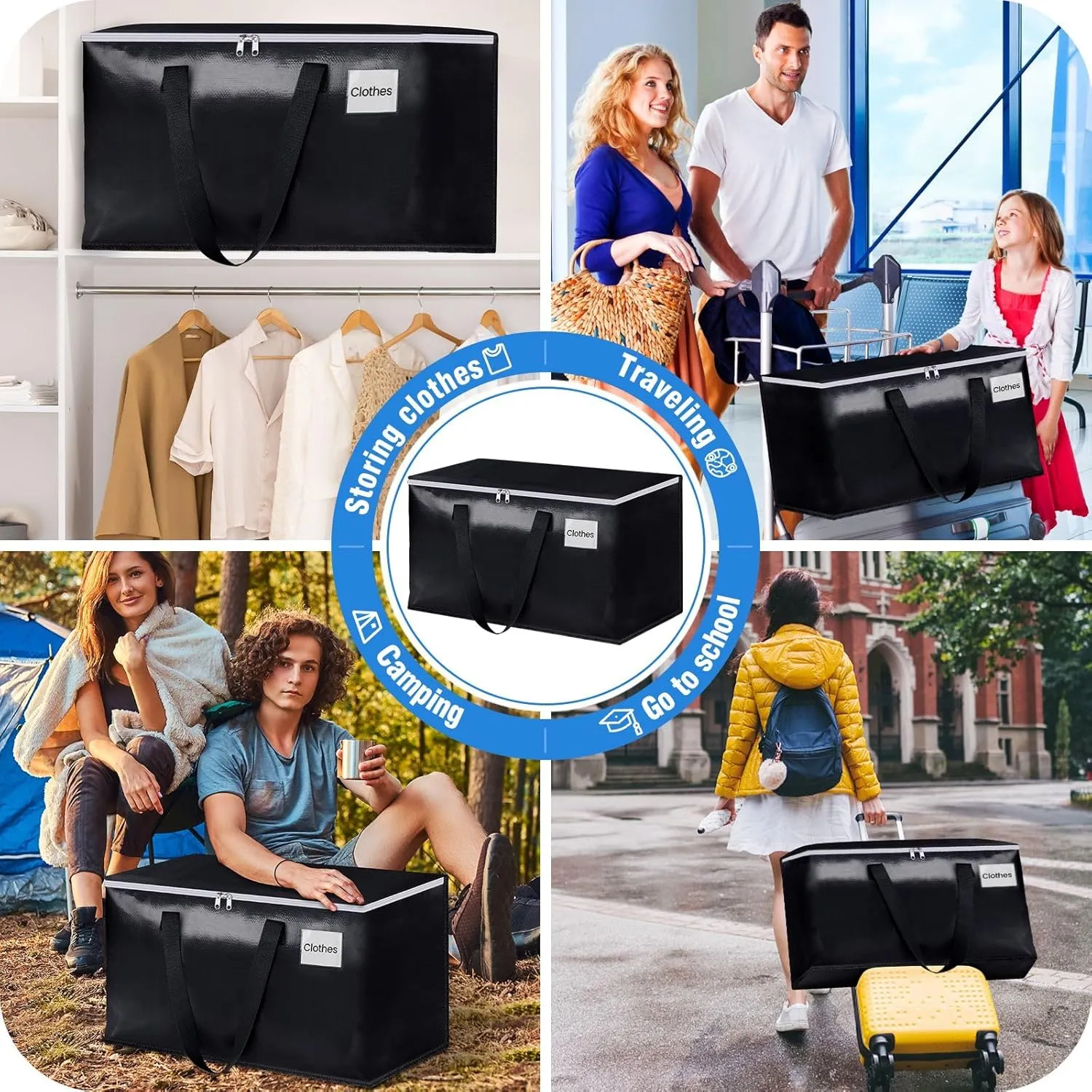 BlissTotes Moving Bags, Heavy Duty Moving Boxes with Zippers Top and Sturdy Handles, Storage Bags for Space Saving and Packing, Collapsible Moving Supplies, Storage Totes (125L, 6-Pack, Black)
