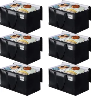 BlissTotes Moving Bags, Heavy Duty Moving Boxes with Zippers Top and Sturdy Handles, Storage Bags for Space Saving and Packing, Collapsible Moving Supplies, Storage Totes (125L, 6-Pack, Black)