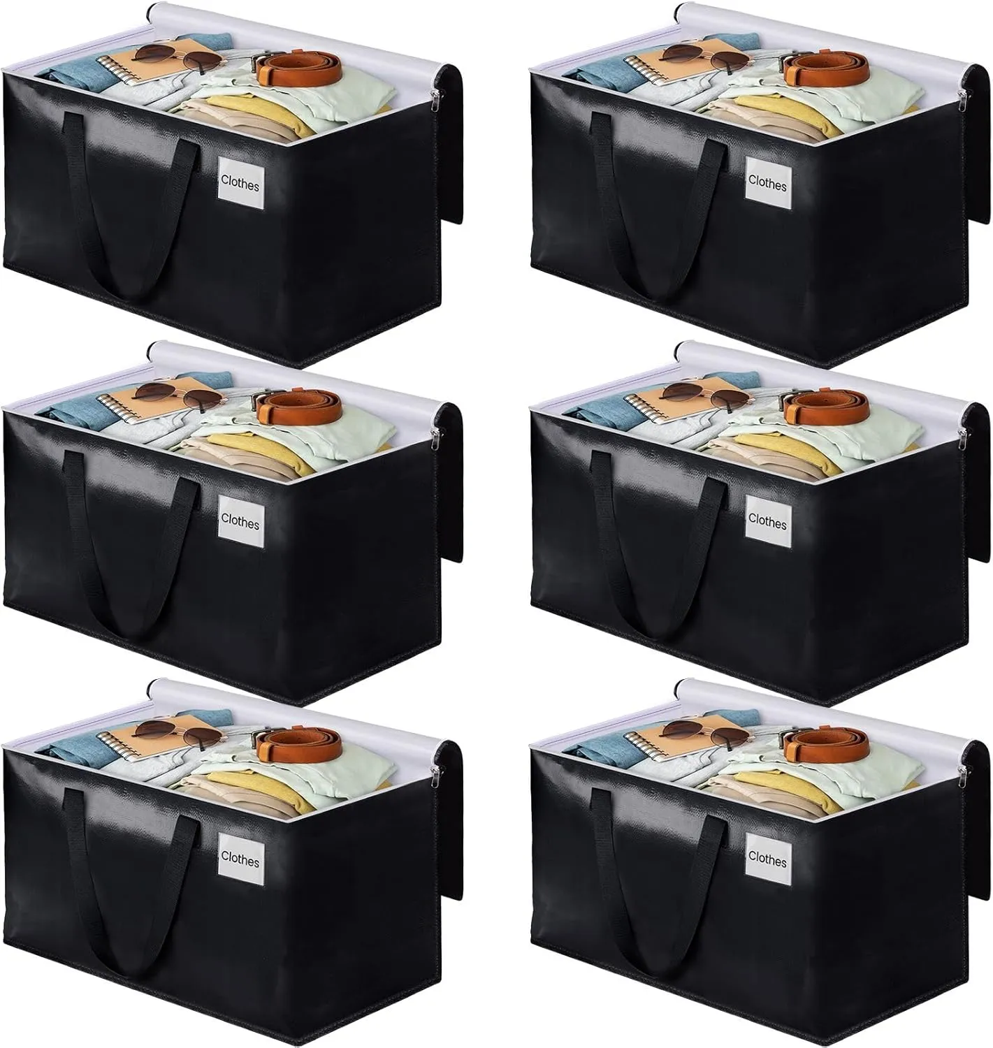 BlissTotes Moving Bags, Heavy Duty Moving Boxes with Zippers Top and Sturdy Handles, Storage Bags for Space Saving and Packing, Collapsible Moving Supplies, Storage Totes (125L, 6-Pack, Black)