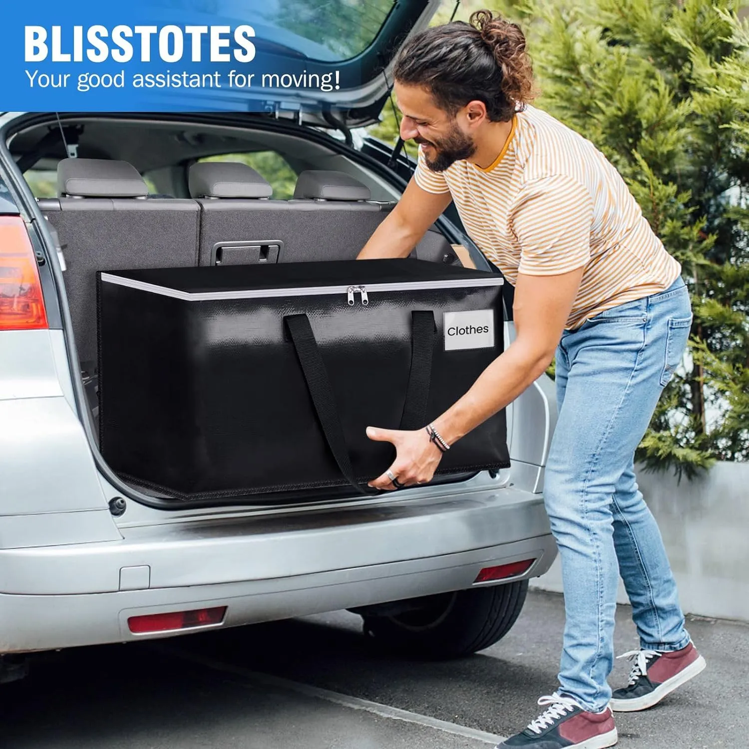 BlissTotes Moving Bags, Heavy Duty Moving Boxes with Zippers Top and Sturdy Handles, Storage Bags for Space Saving and Packing, Collapsible Moving Supplies, Storage Totes (93L, 10-Pack, Black)
