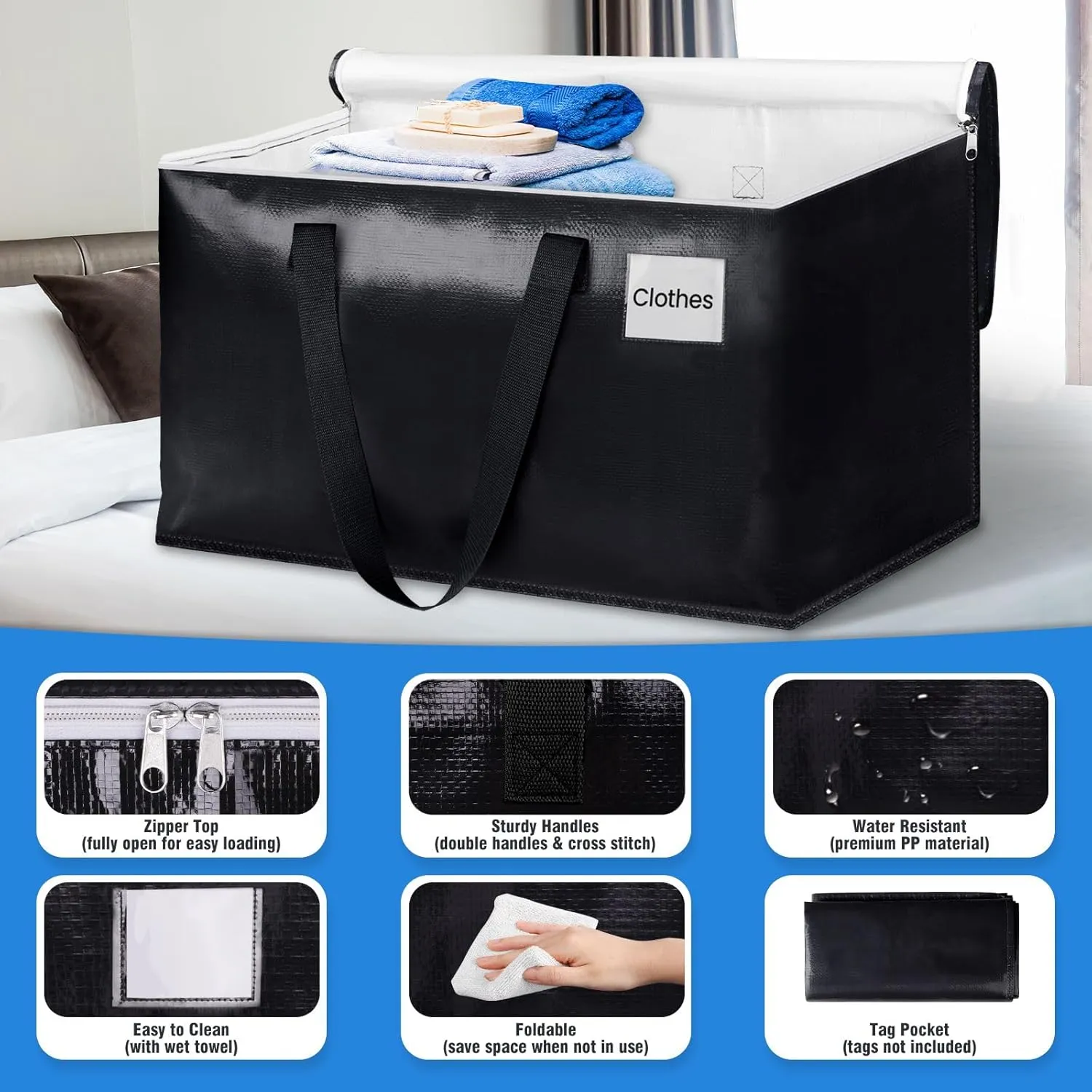 BlissTotes Moving Bags, Heavy Duty Moving Boxes with Zippers Top and Sturdy Handles, Storage Bags for Space Saving and Packing, Collapsible Moving Supplies, Storage Totes (93L, 10-Pack, Black)