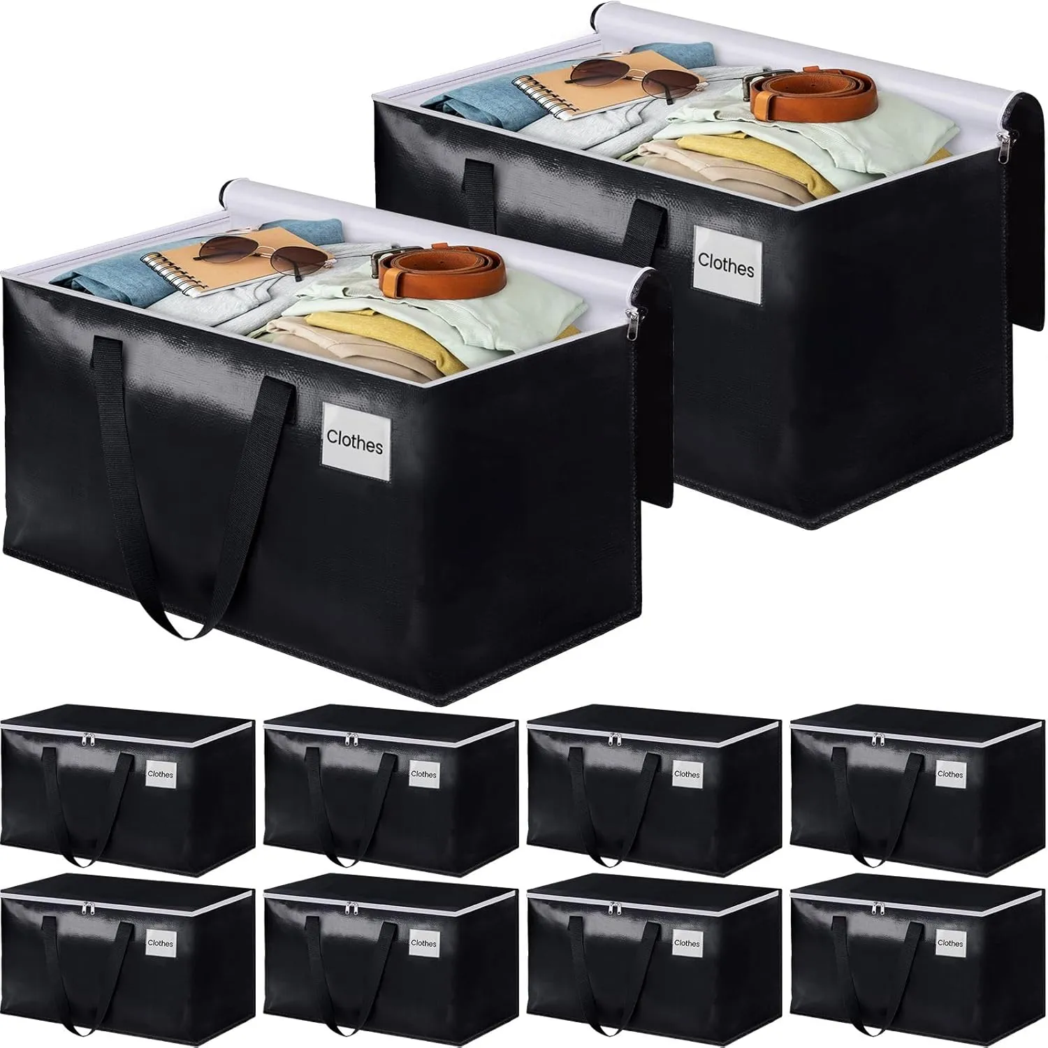 BlissTotes Moving Bags, Heavy Duty Moving Boxes with Zippers Top and Sturdy Handles, Storage Bags for Space Saving and Packing, Collapsible Moving Supplies, Storage Totes (93L, 10-Pack, Black)
