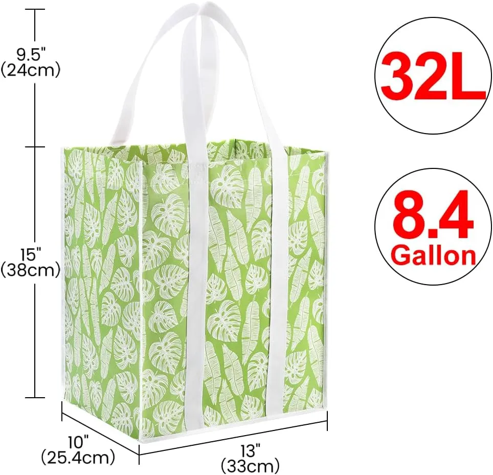 Bodaon 10Pk Collapsible Kitchen Reusable Grocery Bags, the Utility Tote Bag Bulk, Large Folding/Foldable Reusable Shopping Cart for Groceries, Storage Totes Heavy Duty, Shopping Basket (Green Leaf)