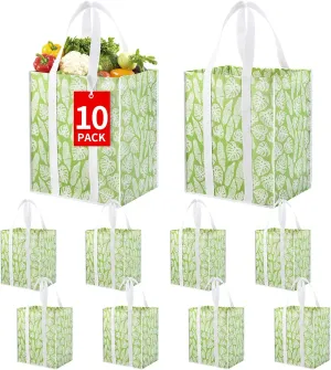 Bodaon 10Pk Collapsible Kitchen Reusable Grocery Bags, the Utility Tote Bag Bulk, Large Folding/Foldable Reusable Shopping Cart for Groceries, Storage Totes Heavy Duty, Shopping Basket (Green Leaf)