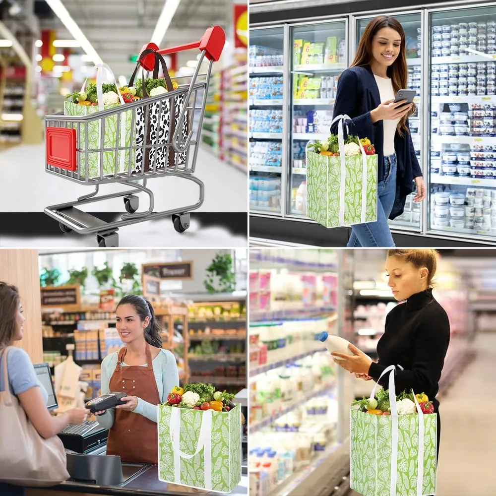 Bodaon 10Pk Collapsible Kitchen Reusable Grocery Bags, the Utility Tote Bag Bulk, Large Folding/Foldable Reusable Shopping Cart for Groceries, Storage Totes Heavy Duty, Shopping Basket (Green Leaf)