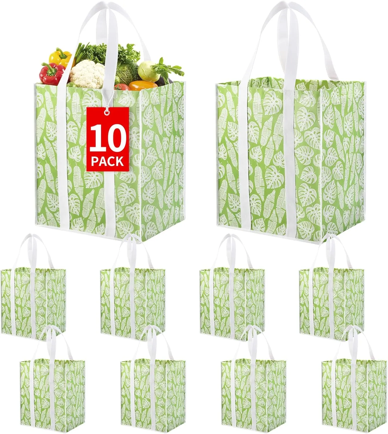 Bodaon 10Pk Collapsible Kitchen Reusable Grocery Bags, the Utility Tote Bag Bulk, Large Folding/Foldable Reusable Shopping Cart for Groceries, Storage Totes Heavy Duty, Shopping Basket (Green Leaf)