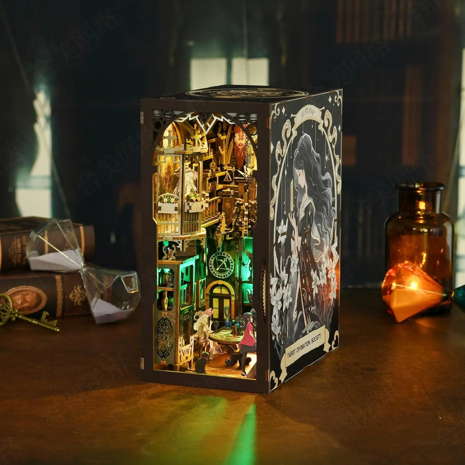 Book Nook DIY Kit, Miniature House Dollhouse Kit for Adult and Teens, Booknook Bookshelf Decor Alley Model Build with LED Light, 3D Wooden Puzzle - Tarot Divination