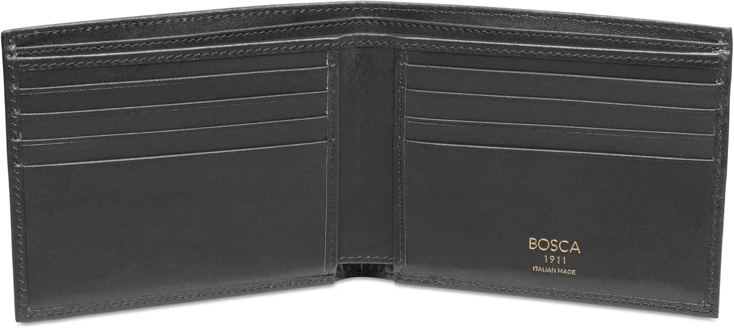 Bosca Men's Old Italian Leather Wallet RFID Blocking Modern Bifold Executive Design 8 Card Slots, Made in Italy - Black