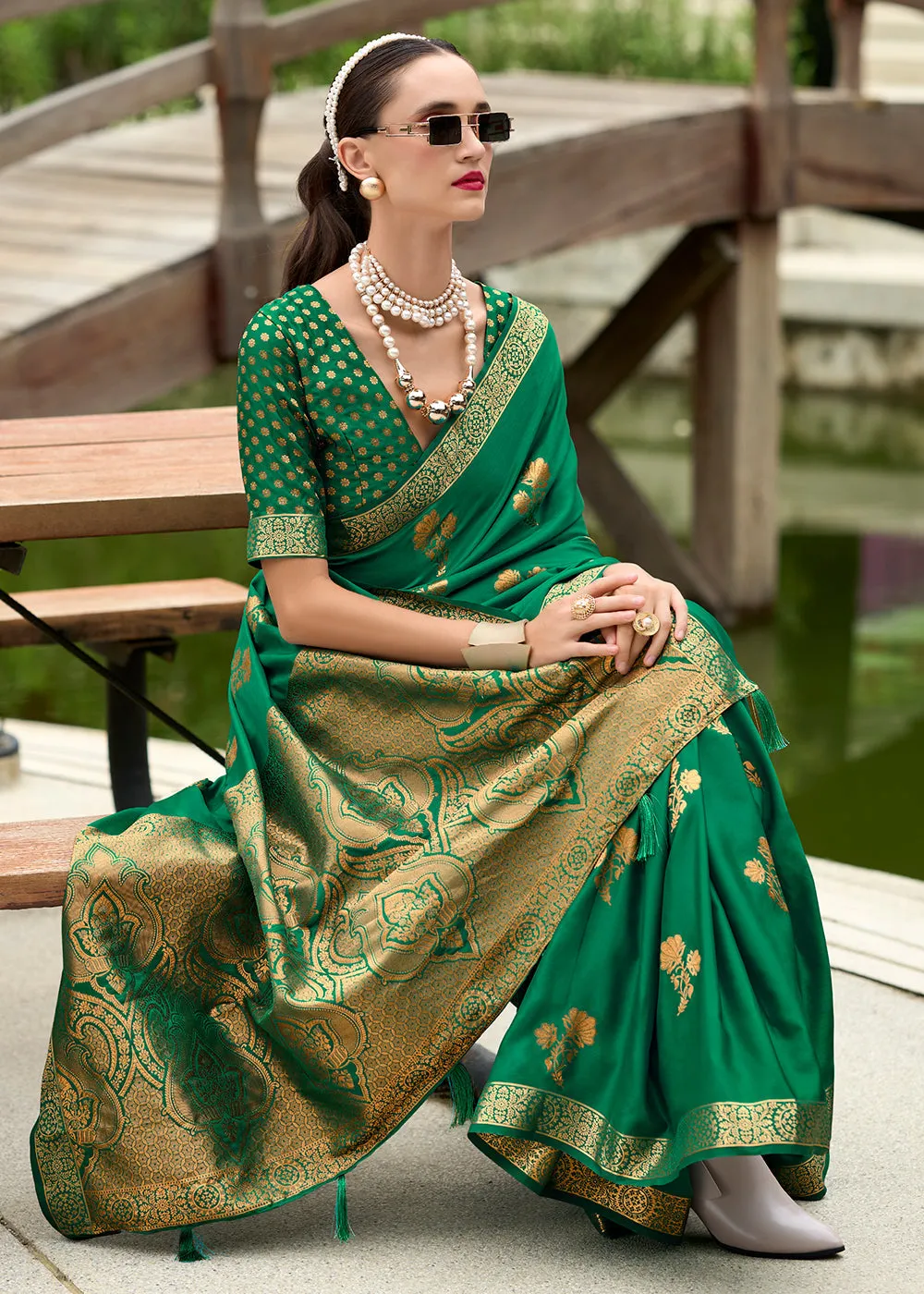 Bottle Green Woven Banarasi Satin Silk Saree