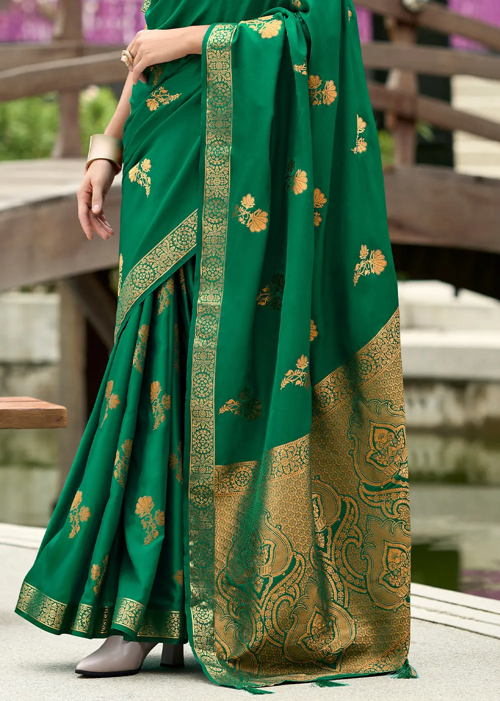 Bottle Green Woven Banarasi Satin Silk Saree