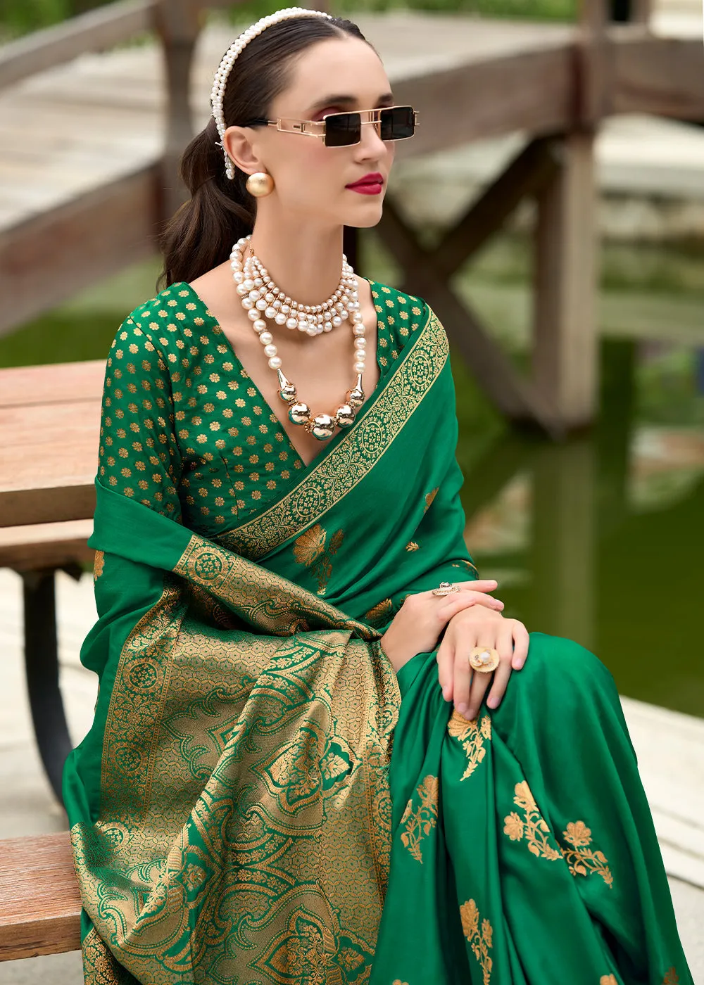 Bottle Green Woven Banarasi Satin Silk Saree