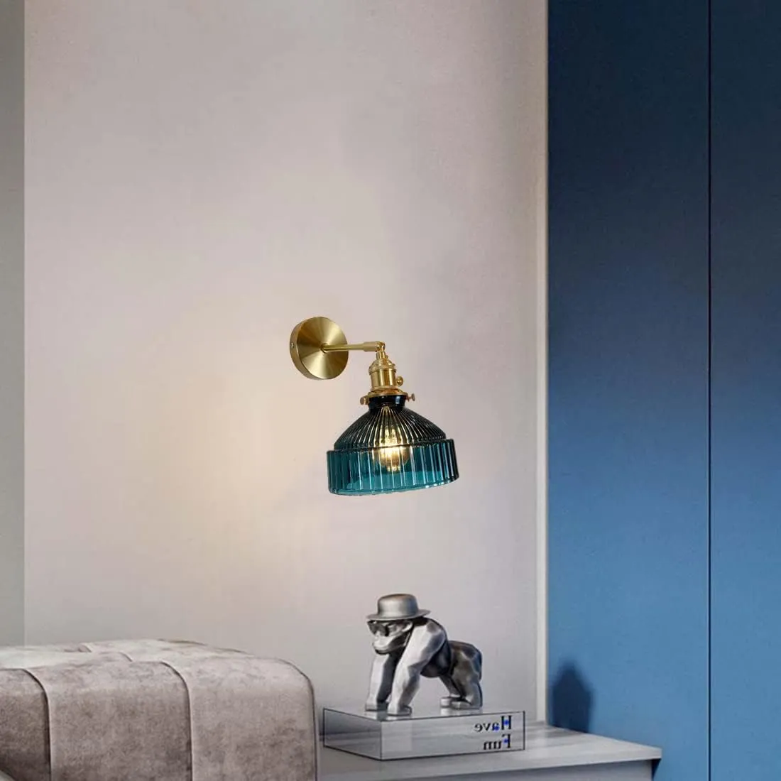 Brass Wall Light with Switch, Pleated Glass Shade Edison Sconces Lighting E27 Base Adjustable Arm Lamps for Bedroom Living Room Kitchen Hallway Display Lights