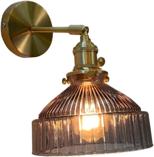 Brass Wall Light with Switch, Pleated Glass Shade Edison Sconces Lighting E27 Base Adjustable Arm Lamps for Bedroom Living Room Kitchen Hallway Display Lights