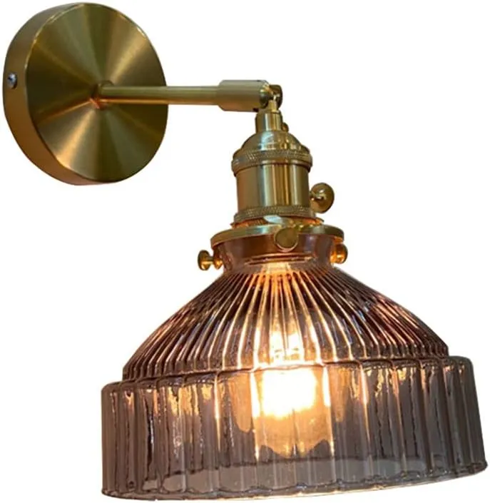 Brass Wall Light with Switch, Pleated Glass Shade Edison Sconces Lighting E27 Base Adjustable Arm Lamps for Bedroom Living Room Kitchen Hallway Display Lights