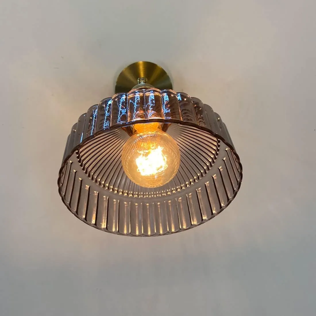 Brass Wall Light with Switch, Pleated Glass Shade Edison Sconces Lighting E27 Base Adjustable Arm Lamps for Bedroom Living Room Kitchen Hallway Display Lights