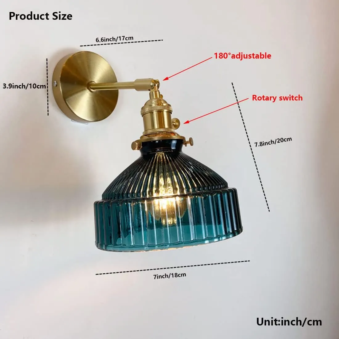 Brass Wall Light with Switch, Pleated Glass Shade Edison Sconces Lighting E27 Base Adjustable Arm Lamps for Bedroom Living Room Kitchen Hallway Display Lights