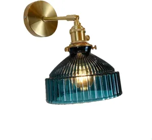 Brass Wall Light with Switch, Pleated Glass Shade Edison Sconces Lighting E27 Base Adjustable Arm Lamps for Bedroom Living Room Kitchen Hallway Display Lights