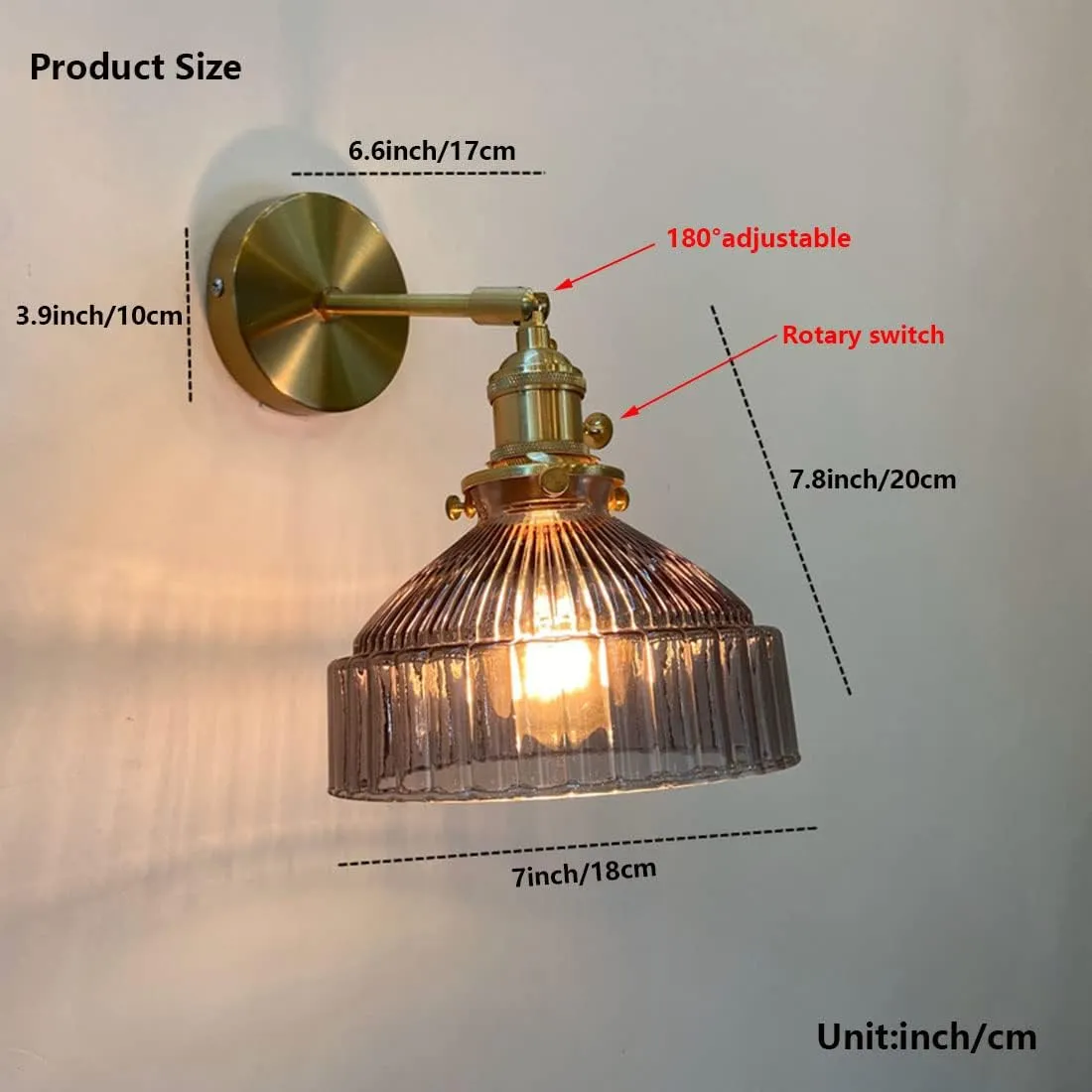 Brass Wall Light with Switch, Pleated Glass Shade Edison Sconces Lighting E27 Base Adjustable Arm Lamps for Bedroom Living Room Kitchen Hallway Display Lights