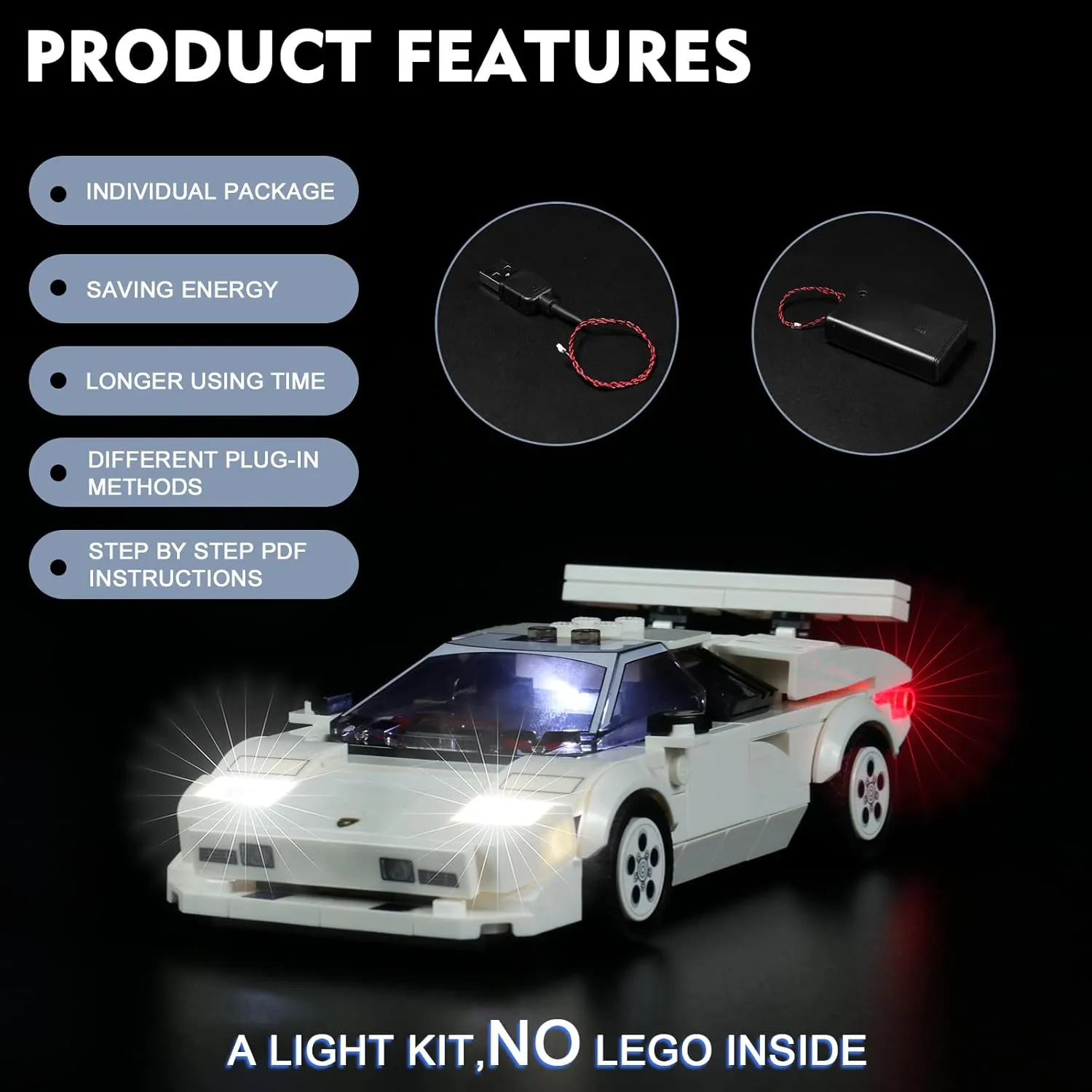 BrickBling LED Light Kit Compatible with Lego Speed Champions Lamborghini Countach 76908 Building Kit, Lighting Set Compatible with Lego 76908 (Without Model)