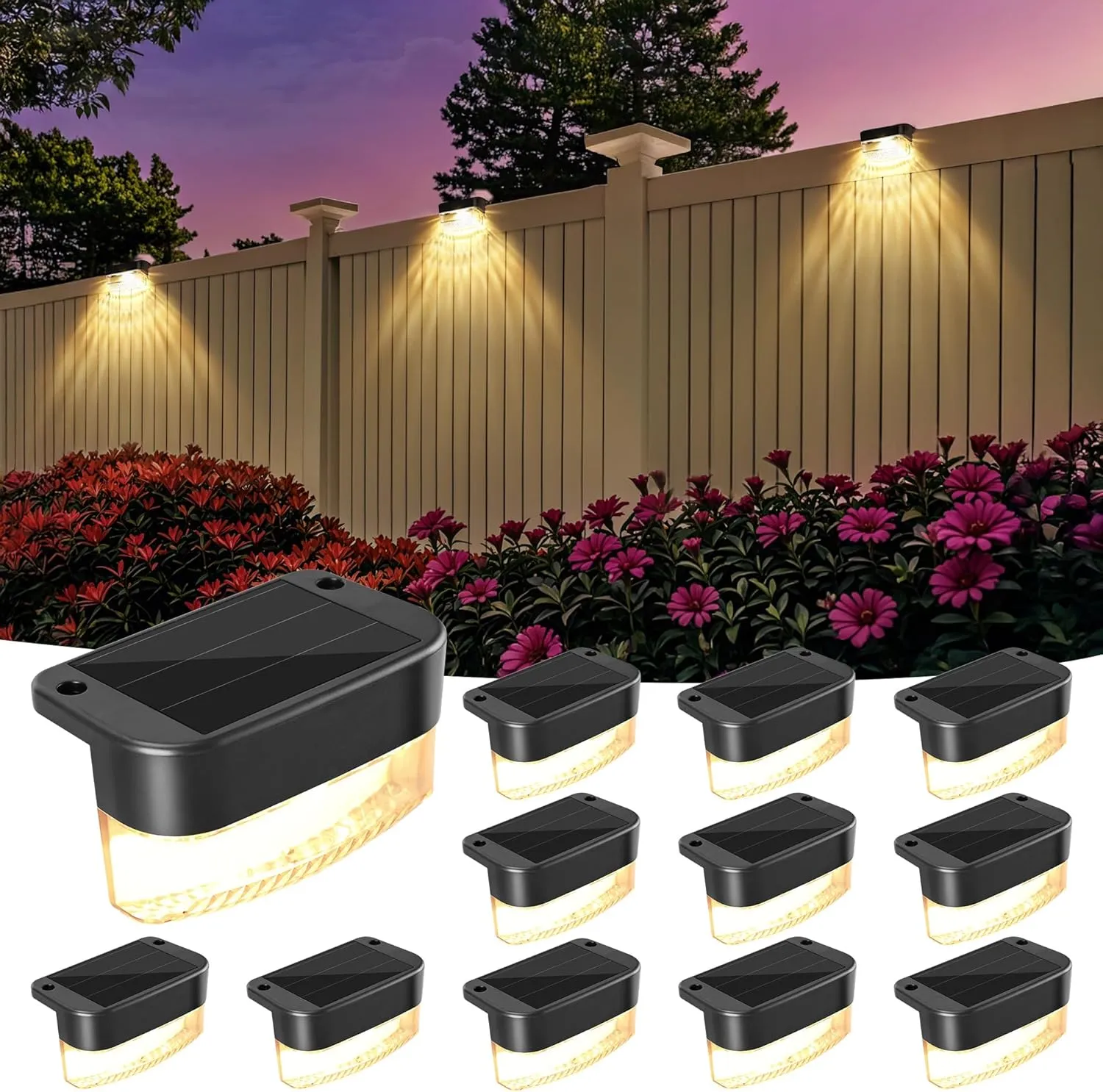 BrizLabs Solar Fence Lights Outdoor, 12 Pack 3 Colors & 6 Modes LED Solar Deck Lights, Warm White Outdoor Step Light IP65 Waterproof, Cool White Wall Light Fence Lighting for Patio Yard Pool Railing